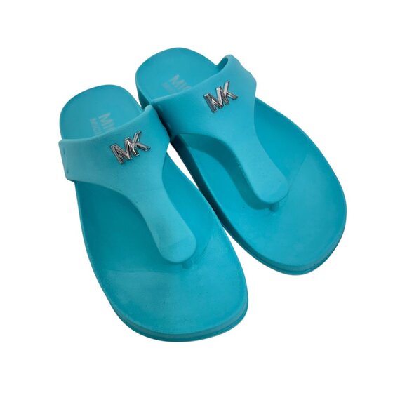 Michael Kors Linsey Women Turquoise MK Logo Tstrap Slide Sandals SZ 6M Eva Upper - Picture 13 of 13